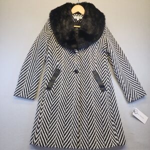NWT Via Spiga Jumbo Herringbone Wool Coat Faux Fur Collar Sciura Quiet Luxury S